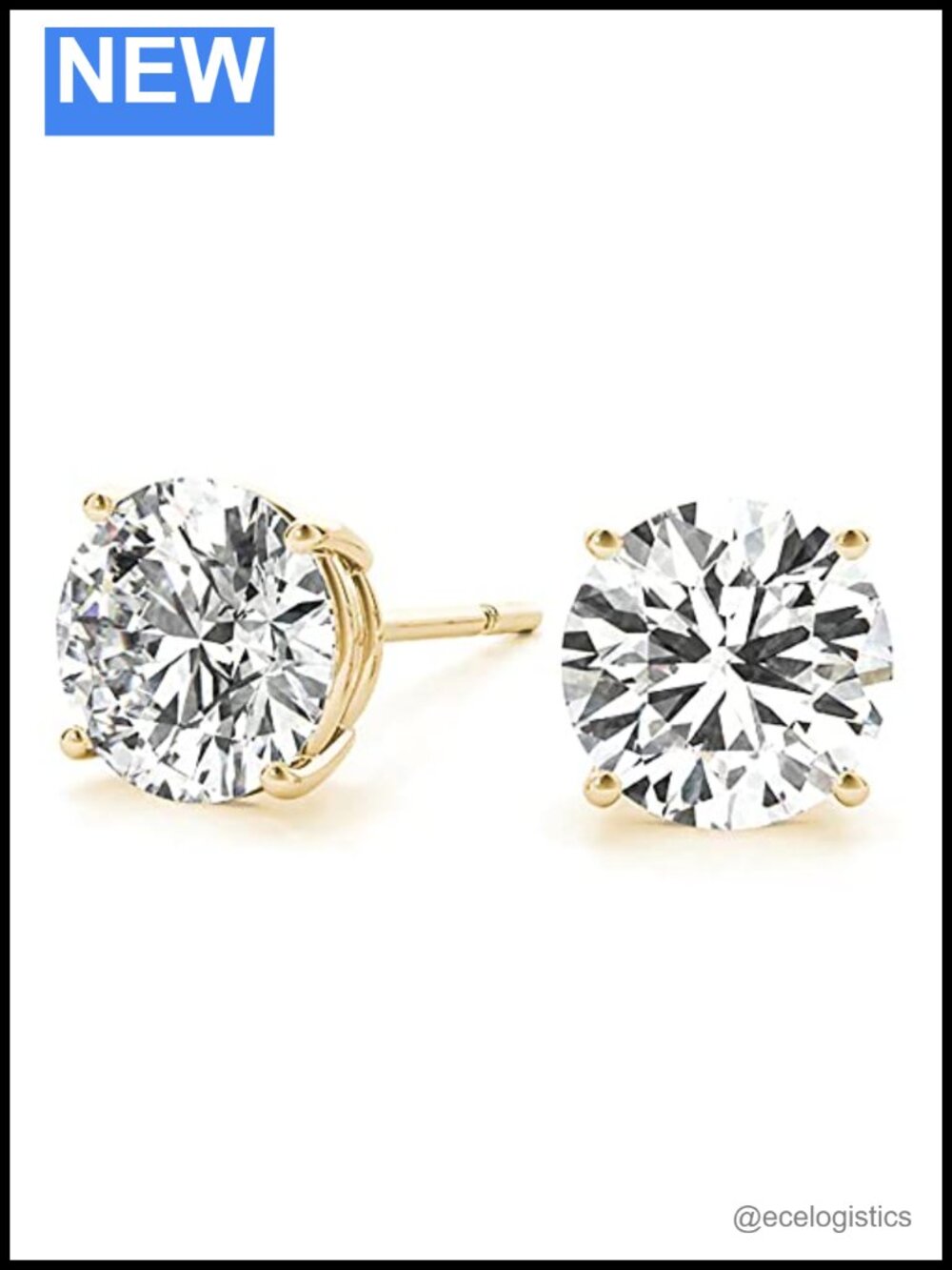 10K Solid Gold 2 CTW Round Moissanite Stud Earrings Push Back